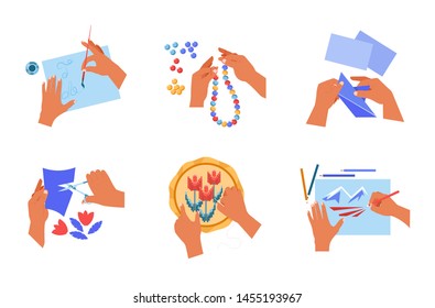 Human hands handmade art and craft hobby or pastime vector painting and bijoutery origami and cutting out embroidery and drawing paper sheets, and scissors paint or pencils and needle with thread