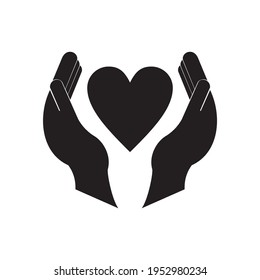 Manos humanas con el corazón entre el icono del vector aislado negro. Cuidado con el amor, símbolo de concepto de protección.