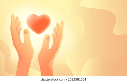 Human hands with heart. Concept hope and care, mercy and volunteering, cardiology. Banner with copy space. Gradient modern flat style. Vector illustration.