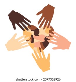 Human hands with heart. Different skin colors hands. We are one human race. Equal rights for all. No racism concept. Black lives matter. 