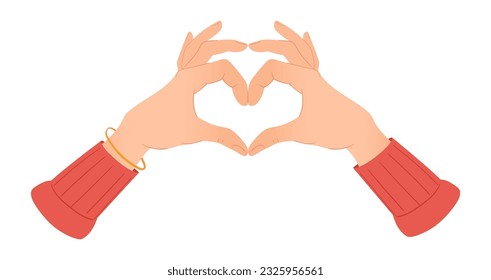 Human hands with heart gesture. Hand palms making love sign, romantic symbol, heart shaped gesture flat vector illustration. Love message