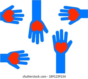 Human hands and hearts on a white background. Vector illustration.