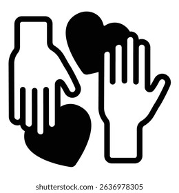 Human hands and hearts solid icon, charity concept. Vector graphics. Love sharing and exchange, donations sign on white background, style mobile or design