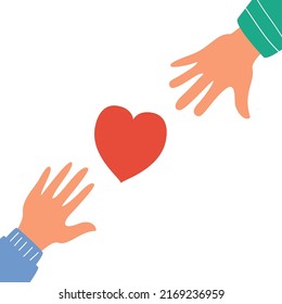Human hands with hearts.Charity and donation.Give love.Hand drawn hands up.Hands doodle style.Voluntary and donation.Social help. Outline vector illustration. Isolated on white background.
