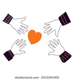 Human hands with hearts.Charity and donation.Hands doodle style.Voluntary and donation.Social help.Volunteer shares empathy and support for needy person.Social aid .Take care love.Charitable concept.