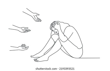 Human hands help a sad lonely woman to get rid of depression. Hand drawn vector illustration. Black and white.