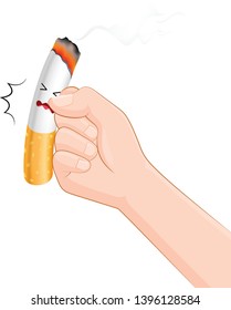 Human hands hits a cigarette. Quitting smoking concept.  World No Tobacco Day.  Vector illustration isolated on white background.