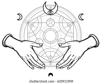 Human hands hold Alchemical circle. Vector illustration isolated on a white background.