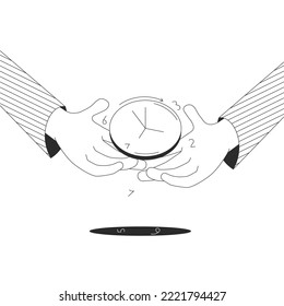 Human hands hold an analog clock with falling numbers hours. Concept of time. The fleetingness of time. Effective time management. Vector illustration in outline style isolated on white background