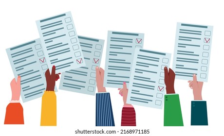 Human hands hold ballot papers marked with a choice. The concept of voting. Vector illustration.