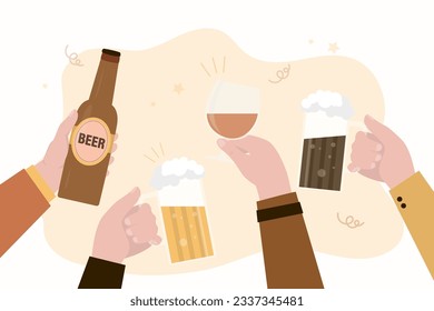 Human hands hold beer mugs, bottles and glasses. Clink glasses with foam. Pub party celebration. Group of drunk people drinking beer. Cheers, buddy. Alcohol, bar party. flat vector illustration