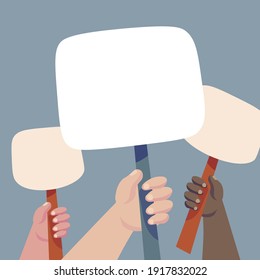 Human hands hold a blank protest signs. Vector illustration