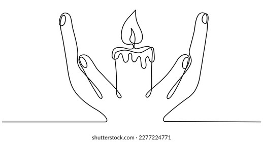 Human hands hold burning candle continuous line drawing art. Memorial linear symbol. Vector illustration isolated on white.