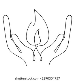 Human hands hold burning fire flame continuous line drawing art  Vector illustration isolated white 