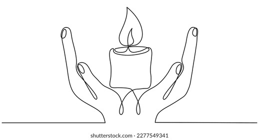 Human hands hold candle flame continuous line draw  Memorial linear symbol  Vector illustration isolated white 
