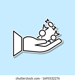 Human hands hold candy halloween sticker icon. Simple thin line, outline vector of halloween icons for ui and ux, website or mobile application