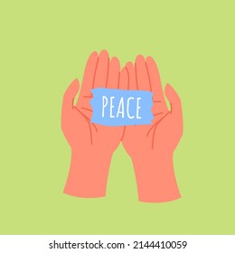 Tarjeta de mano humana, pedazo de papel con ilustración vectorial de mensaje de paz. Las personas que hacen caricaturas protegen y salvan la vida y la salud de las personas aisladas en un entorno verde. Detener la guerra, concepto de pieza