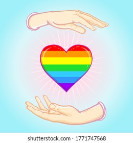 Human hands hold the Cartoon Rainbow Heart. Gay Pride. LGBT concept. Sticker, print T-shirt, postcard, logo design. Vector illustration on a blue background.