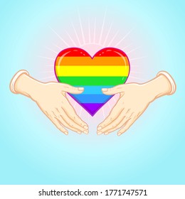 Human hands hold the Cartoon Rainbow Heart. Gay Pride. LGBT concept. Sticker, print T-shirt, postcard, logo design. Vector illustration on a blue background.