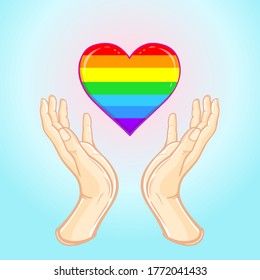 Human hands hold the Cartoon Rainbow Heart. Gay Pride. LGBT concept. Sticker, print T-shirt, postcard, logo design. Vector illustration on a blue background.
