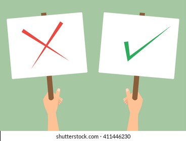 Human hands hold a check and cross protest signs on green background. Vector flat design.