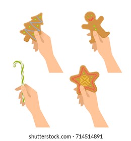 Human hands hold christmas sweet symbols: cookies, candy cane. Flat illustration of male and female hands with traditional xmas gifts and treats: gingerman, star, new year tree. Vector design elements