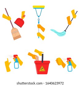 Human hands hold cleaning tools vector cartoon set isolated on a white background.
