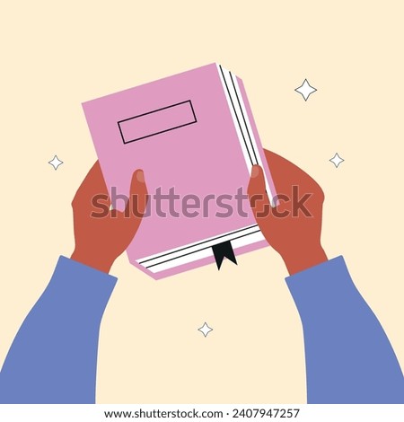Human hands hold closed book. Student with literature or history textbook. Read books lover. Education, literacy day. Relaxing time to reading. Back to school. Bookstore, library vector illustration.