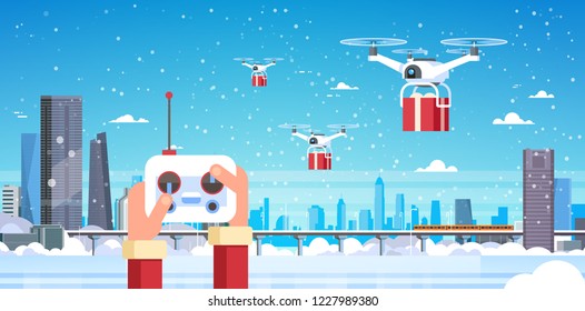 human hands hold controller drone delivery service over modern winter city monorail skyscraper cityscape snowfall background horizontal flat vector illustration