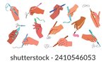 Human hands hold different writing materials. Cartoon arms with chemical, gel pens, leave scribbles, colored markers and pencils, vector set.eps
