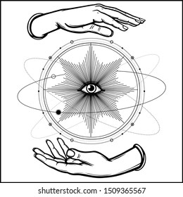 Human hands hold the divine all-seeing eye. Planet orbits, space, universe. Magic, alchemy, occult. Monochrome vector illustration isolated on white background. Print, poster, T-shirt, postcard.