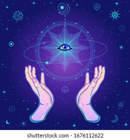 Human hands hold the divine all-seeing eye. Planet orbits, space, universe. Magic, alchemy, occult. Vector illustration. Background - night star sky. Print, poster, T-shirt, postcard.