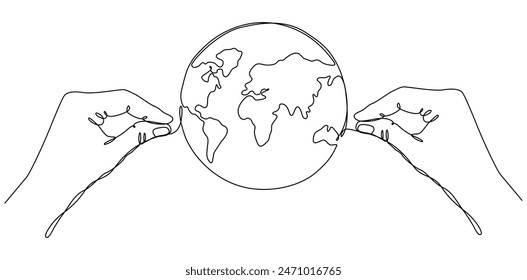 Las manos humanas sostienen la línea continua del globo terrestre dibujada. Guardar del concepto Planeta. Ilustración vectorial aislada sobre fondo blanco.