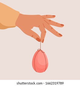 Human hands hold Easter decorated egg. Chocolate colorful egg for spring religious holiday celebration. Vector illustration