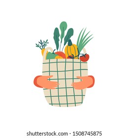 Human hands hold Eco basket full of vegetables isolated on white background. Eco-friendly shopper with fresh organic food from local market. Vector illustration in flat cartoon style.