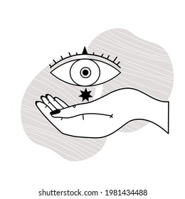 Human hands hold the eye of the Masonic symbol. seven-pointed star. Alchemy, religion, spirituality, occultism. Vector illustration in linear style isolated