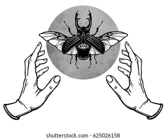 Human hands hold a fantastic bug. Symbols of the moon. Mysticism, esoteric, sorcery. Vector illustration isolated on a white background.