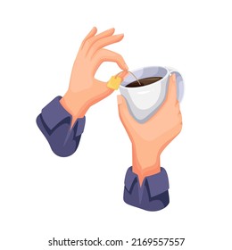 Human hands hold glass cup with black tea and teabag vector illustration. Cartoon person holding morning healthy hot drink in mug, isolated aroma beverage for comfort break time or breakfast