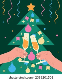 Human hands hold glasses of champagne against the background of a decorated Christmas tree, serpentine, garlands. Vector illustration, New Year, Christmas celebration concept, card, banner, flyer.