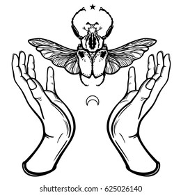 Human hands hold Goliath's bug. Symbols of the moon. Mysticism, esoterics, sorcery. Coloring book. Vector illustration isolated on a white background.