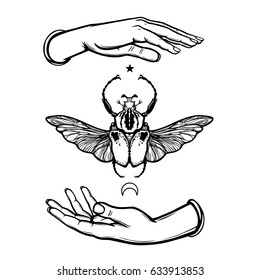 Human hands hold Goliath's bug. Symbol of the moon. Mystical allegory. Vector illustration isolated on a white background.