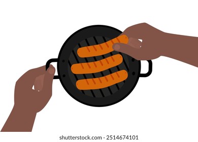Human hands hold grill pan and Fried sausages on it. Top view. Culinary food poster design element