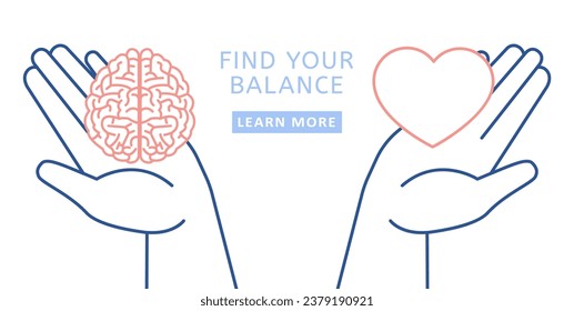 Las manos humanas sostienen el corazón y el cerebro. Concepto de equilibrio mental de la vida. Salud física y psicológica. Paz mental, armonía y apoyo. Banner de ayuda terapéutica. Vector.