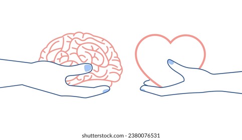 Human hands hold heart and brain. Mental balance of life concept. Physical and psychological health. Peace of mind, harmony and support. Different gender mind concept. Vector.