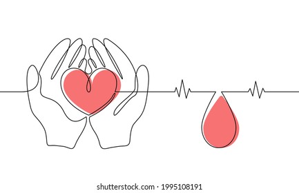 Human Hands Hold A Heart, A Drop Of Blood, Banner In Line Art Style With Copy Space. Blood Donation Concept. Vector Stock Illustration.	
