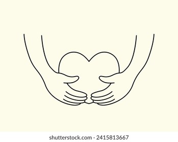 Human hands hold a heart. Simple minimalistic illustration in line art style. Black and white drawing of a heart in hands. Clip art, linear design element. Vector illustration.