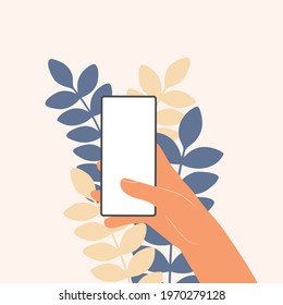 Human Hands Hold Horizontally Mobile Phone With Blank Screen. Hand Holding Phones With Empty Screens Mock Up. Flat Vector Illustration Scrolling Or Searching