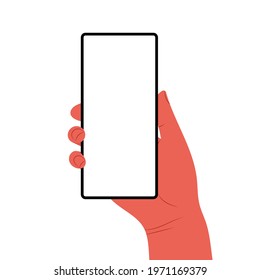 Human hands hold horizontally mobile phone with blank screen. Hand holding phones with empty screens mock up. Flat vector illustration scrolling or searching