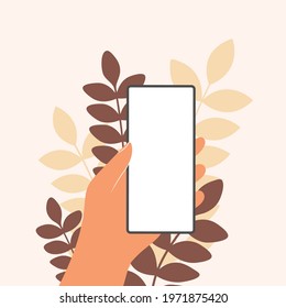 Human hands hold horizontally mobile phone with blank screen. Hand holding phones with empty screens mock up. Flat vector illustration scrolling or searching
