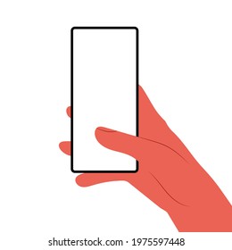 Human hands hold horizontally mobile phone with blank screen. Hand holding phones with empty screens mock up. Flat vector illustration scrolling or searching